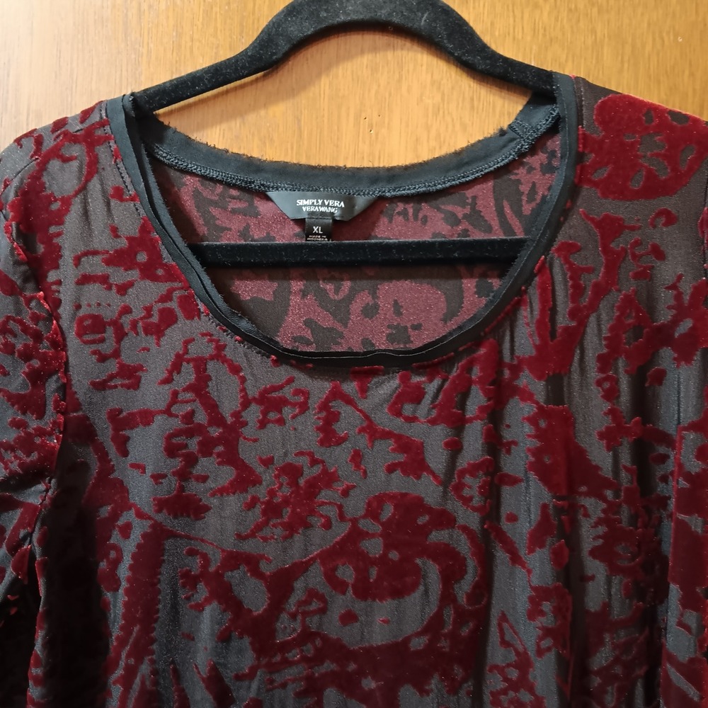 Simply Vera Vera Wang Velvet Burnout Floral Tunic Top XL‎ Long Sleeve - Picture 2 of 6